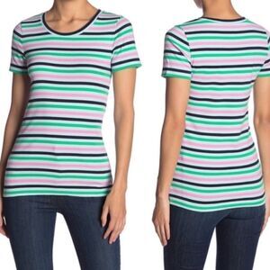 J.CREW Perfect Fit Tee Knit Shirt Blue Pink Stripe Stretchy Short Sleeve Casual